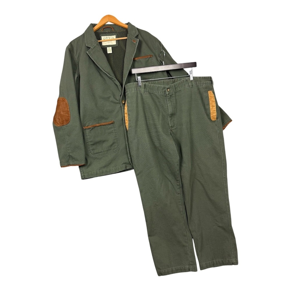 Vintage Orvis Safari Set Mens Jacket 46 Pants 42 Green Canvas Leather Trim Field